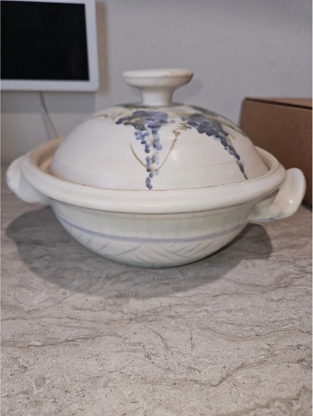 Vintage Hand-Painted Ceramic Covered Casserole Dish with Grape Design